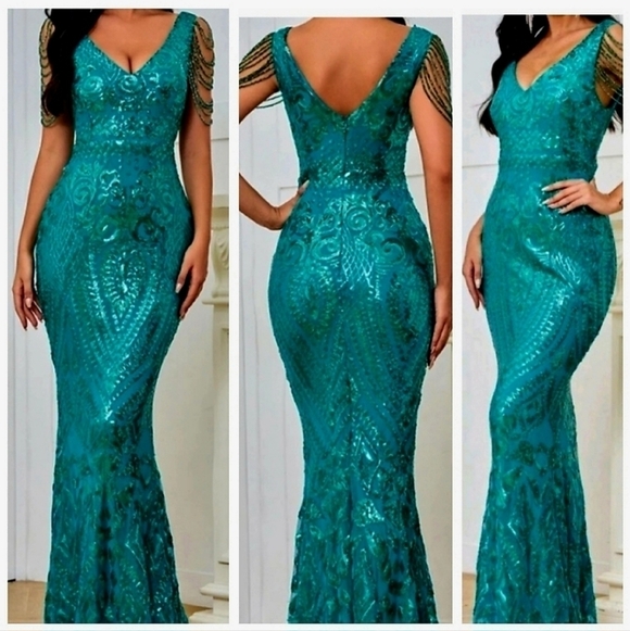 Blue, Fringe Sleeves, V Neck, Contrast Sequined Mermaid Gown - Picture 1 of 16